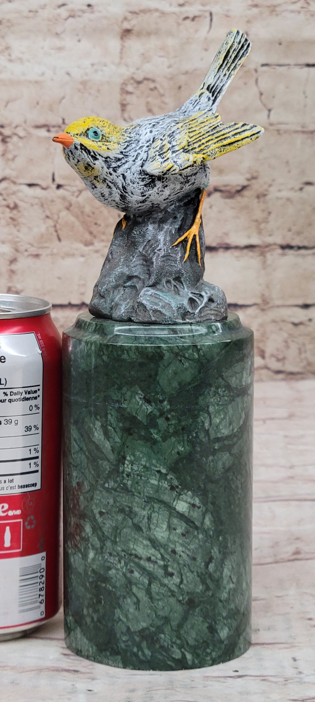 Colorful Bird Finch Swallow Bronze Sculpture on Green Marble