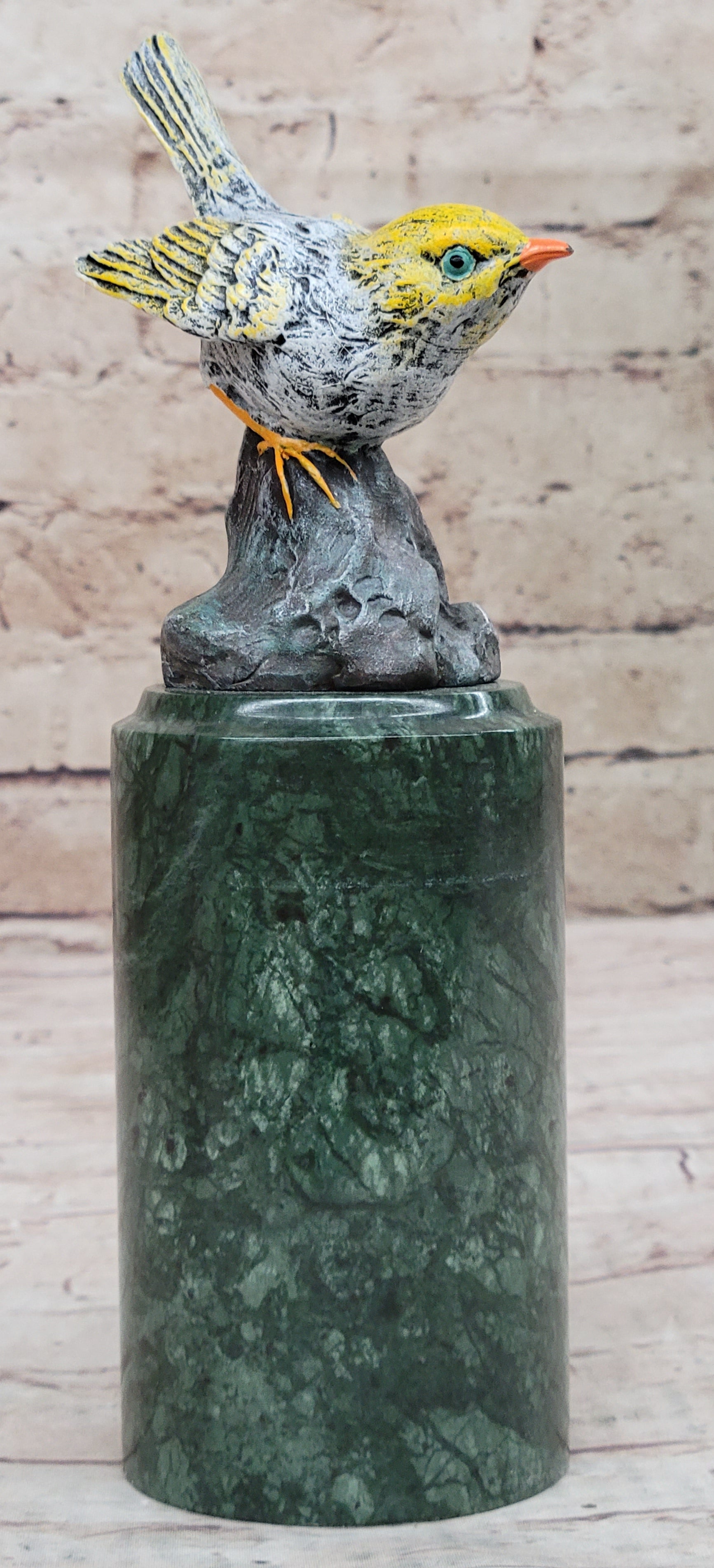 Colorful Bird Finch Swallow Bronze Sculpture on Green Marble