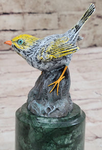 Colorful Bird Finch Swallow Bronze Sculpture on Green Marble