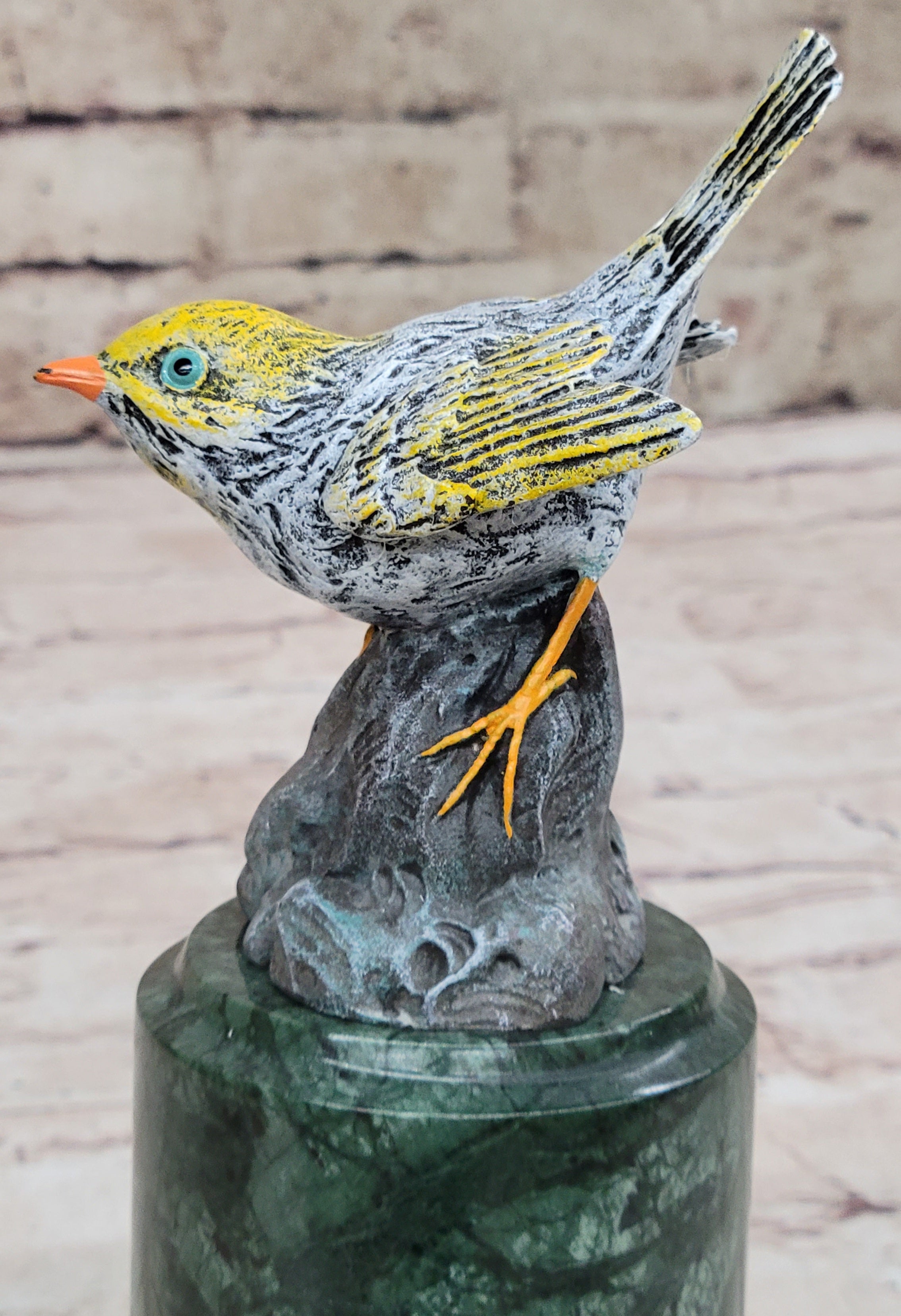 Colorful Bird Finch Swallow Bronze Sculpture on Green Marble