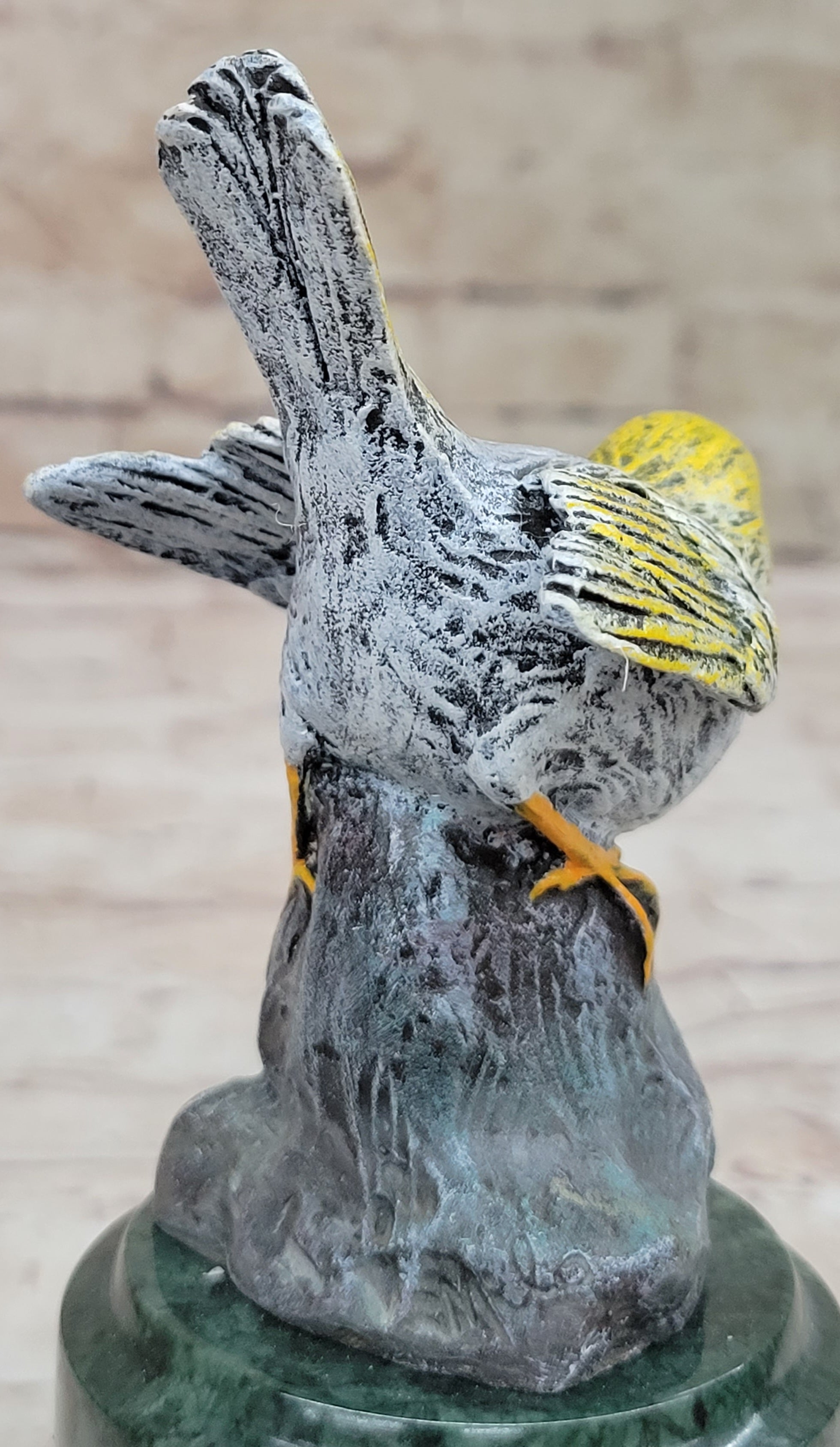 Colorful Bird Finch Swallow Bronze Sculpture on Green Marble