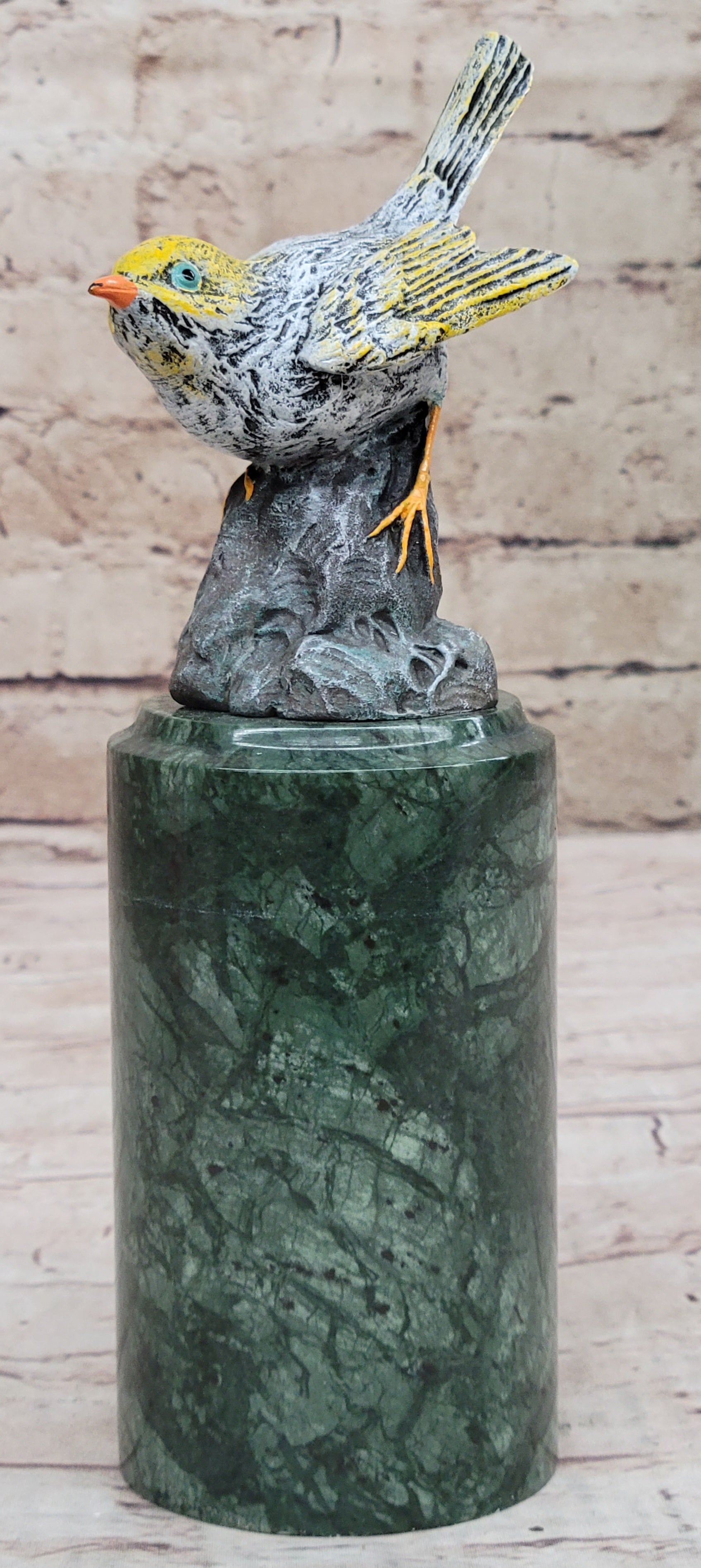 Colorful Bird Finch Swallow Bronze Sculpture on Green Marble