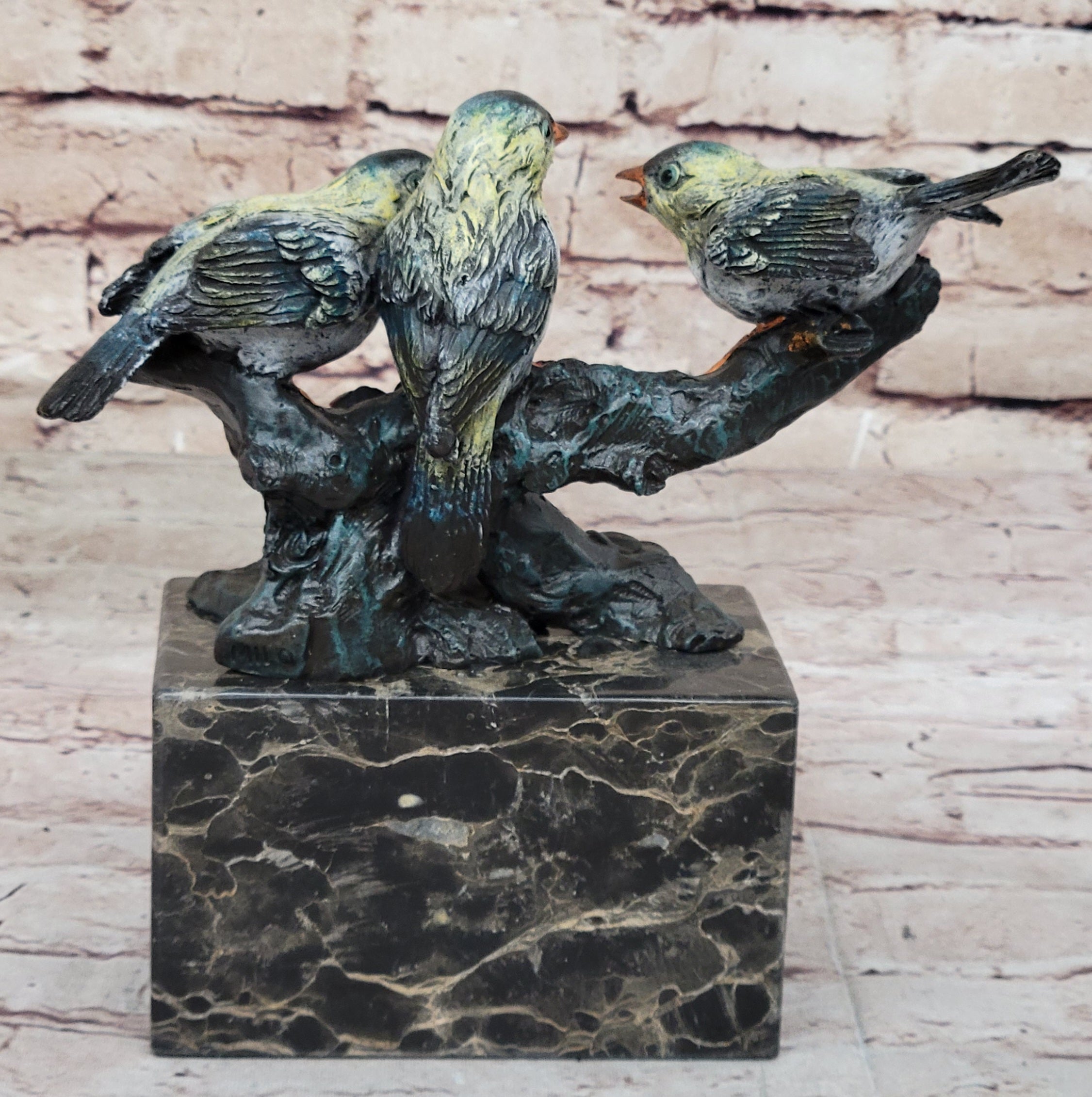 3 Colorful Finches Sparrows on Branch - Bronze Art by Milo