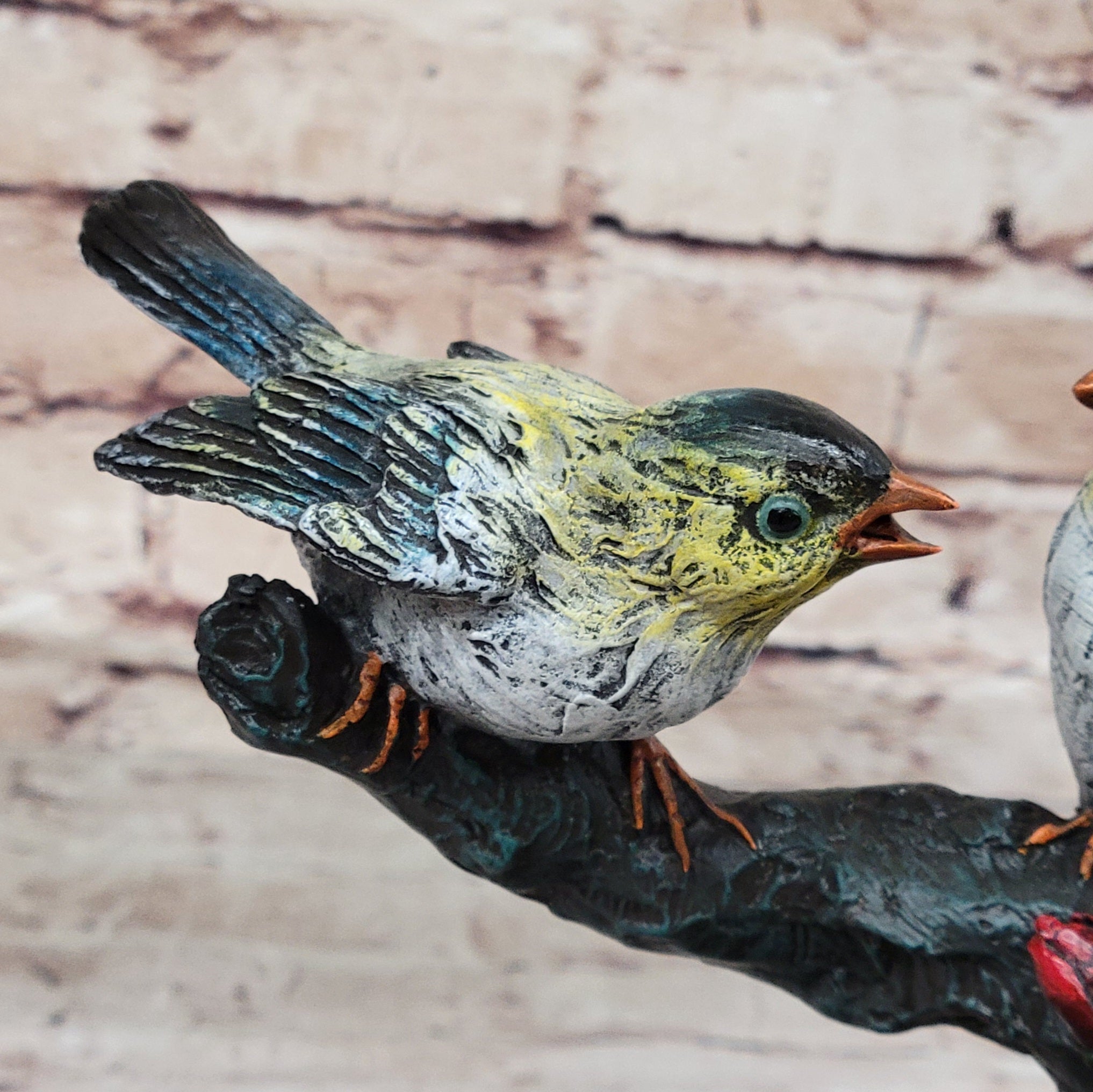 3 Colorful Finches Sparrows on Branch - Bronze Art by Milo
