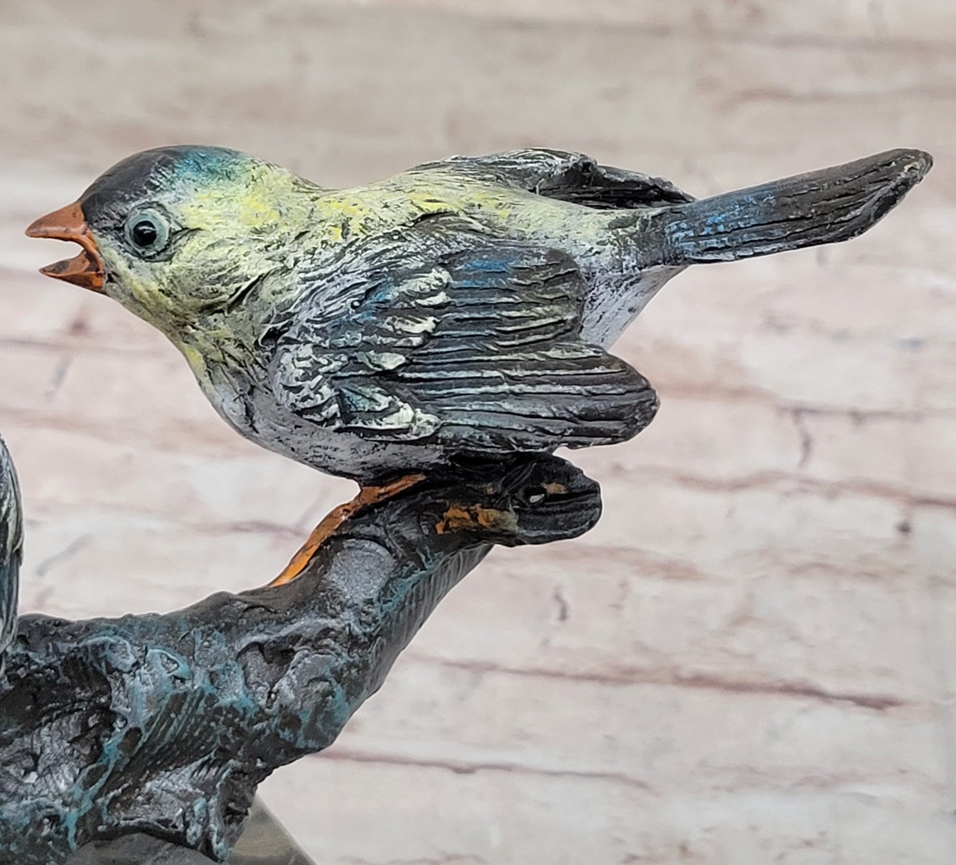 3 Colorful Finches Sparrows on Branch - Bronze Art by Milo