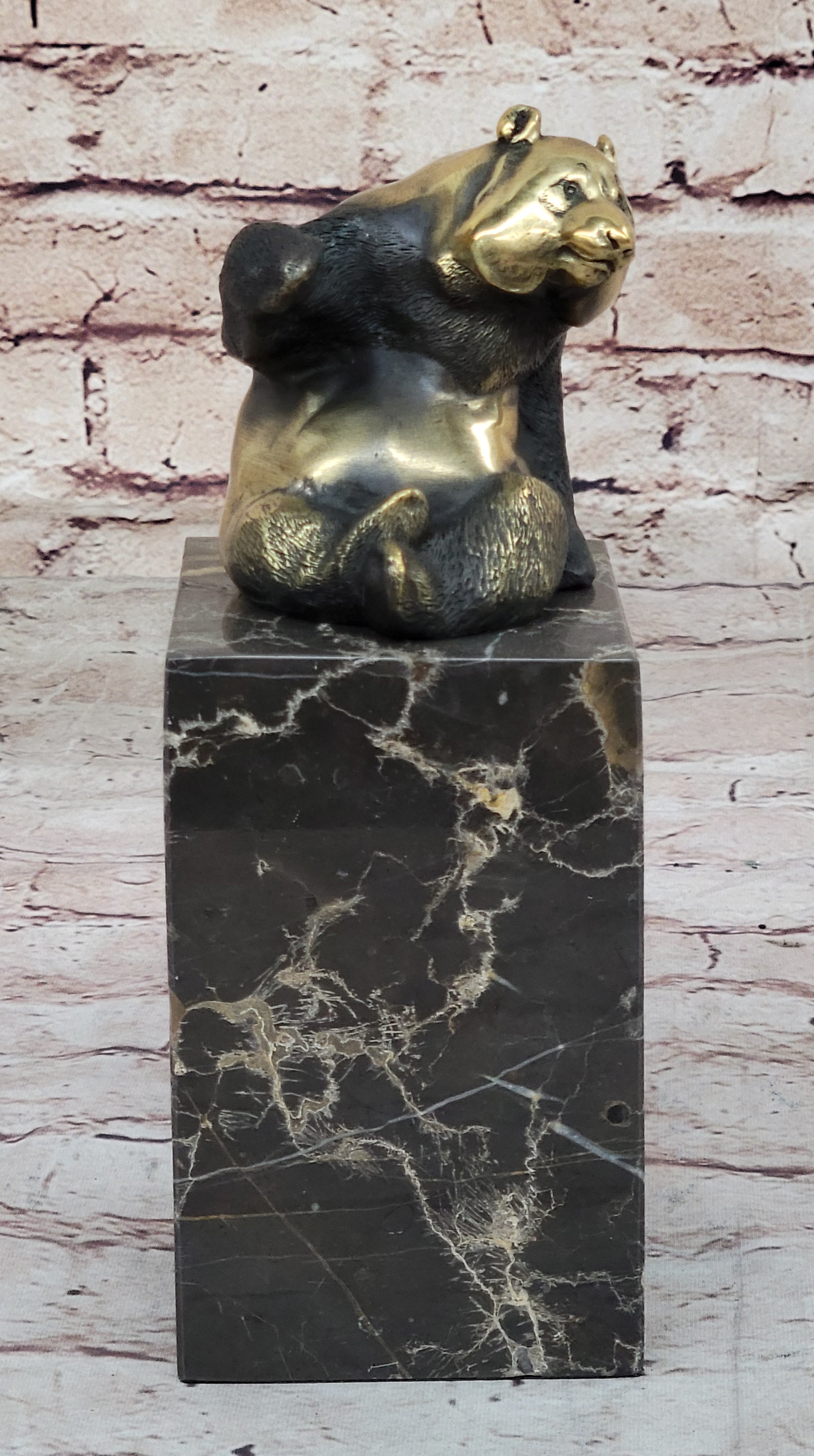 Real Bronze Panda Bear Sculpture on Marble Base by Milo