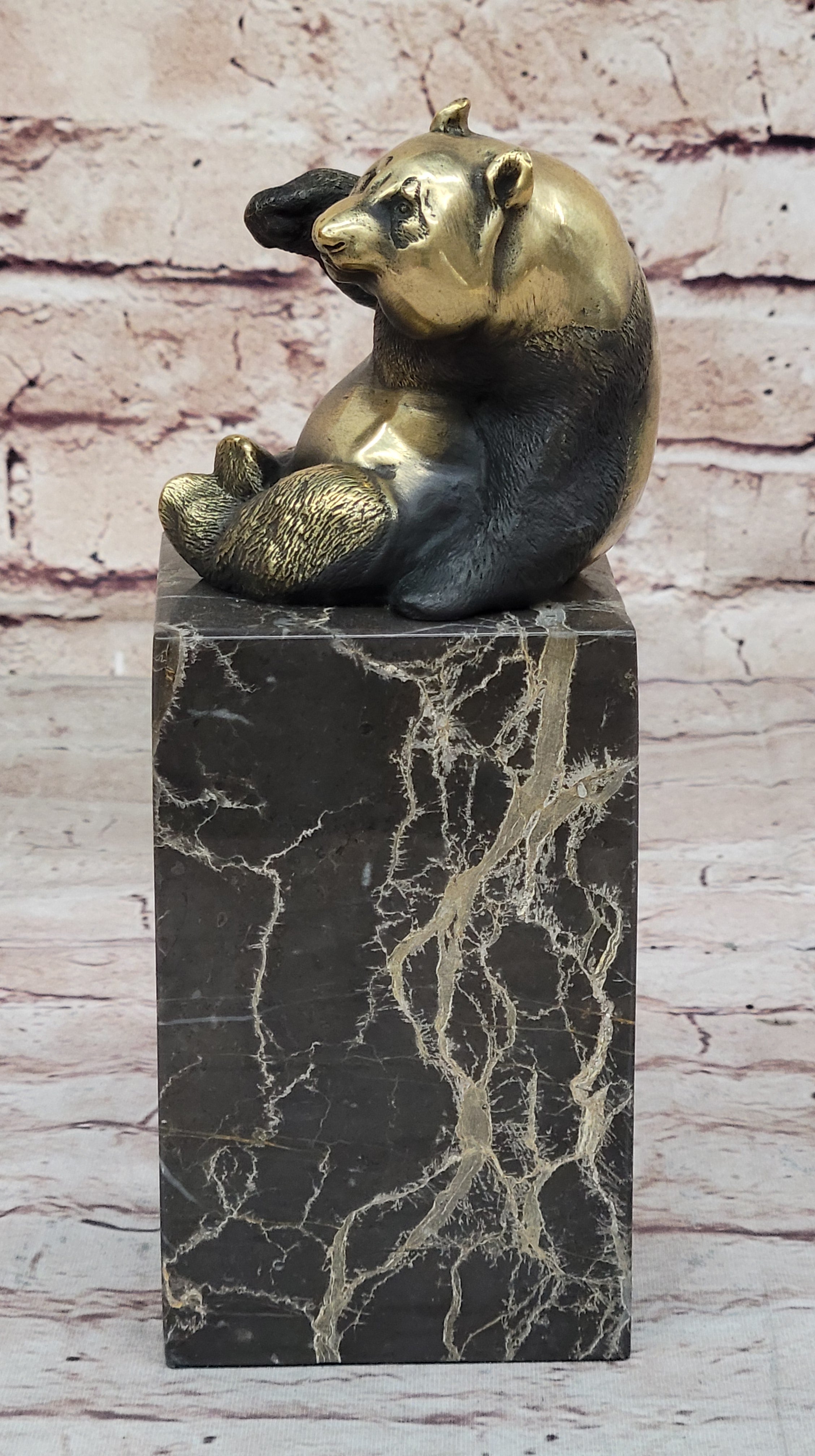Real Bronze Panda Bear Sculpture on Marble Base by Milo