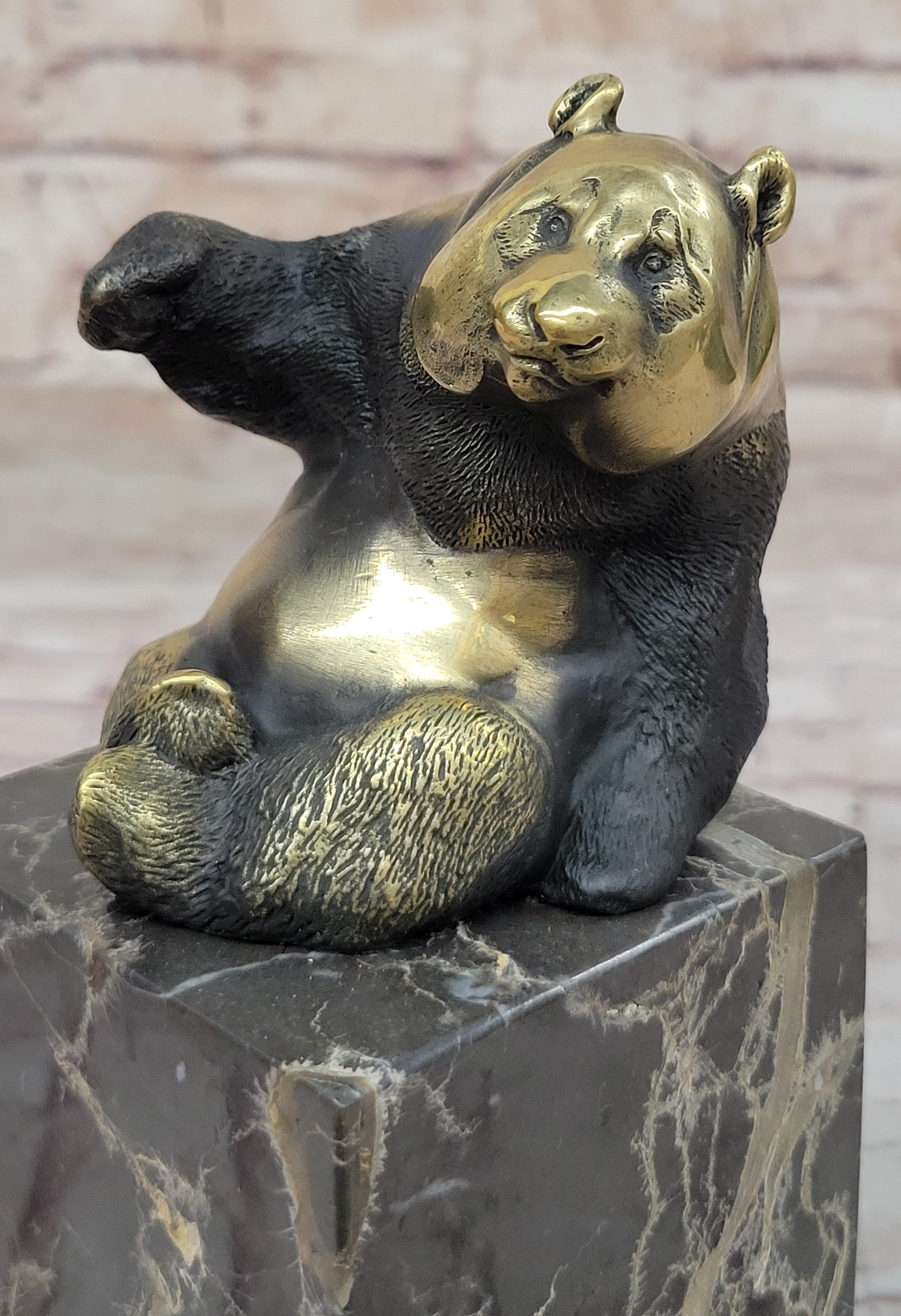Real Bronze Panda Bear Sculpture on Marble Base by Milo