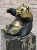 Real Bronze Panda Bear Sculpture on Marble Base by Milo