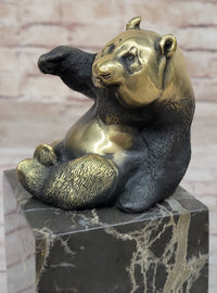 Real Bronze Panda Bear Sculpture on Marble Base by Milo