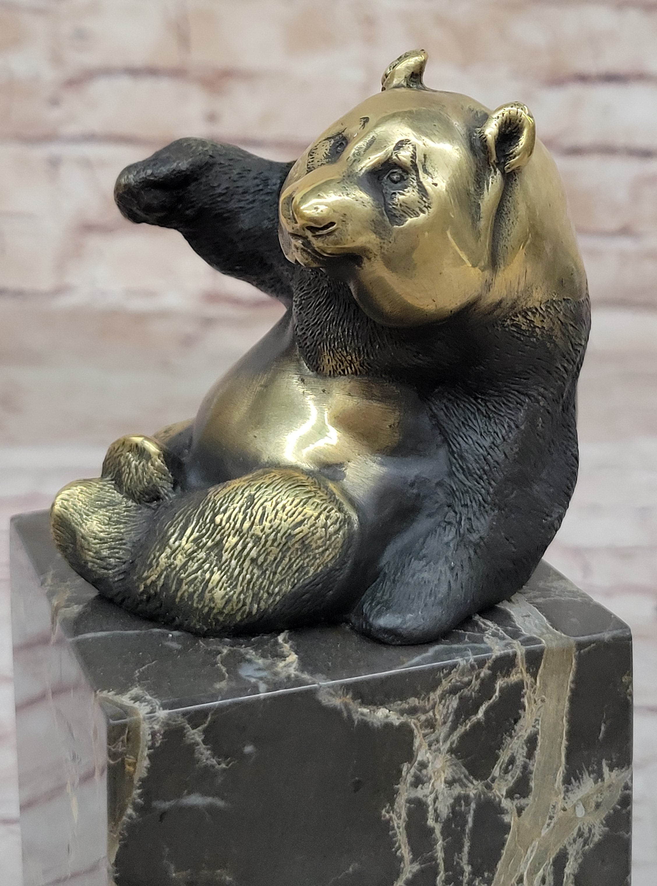 Real Bronze Panda Bear Sculpture on Marble Base by Milo