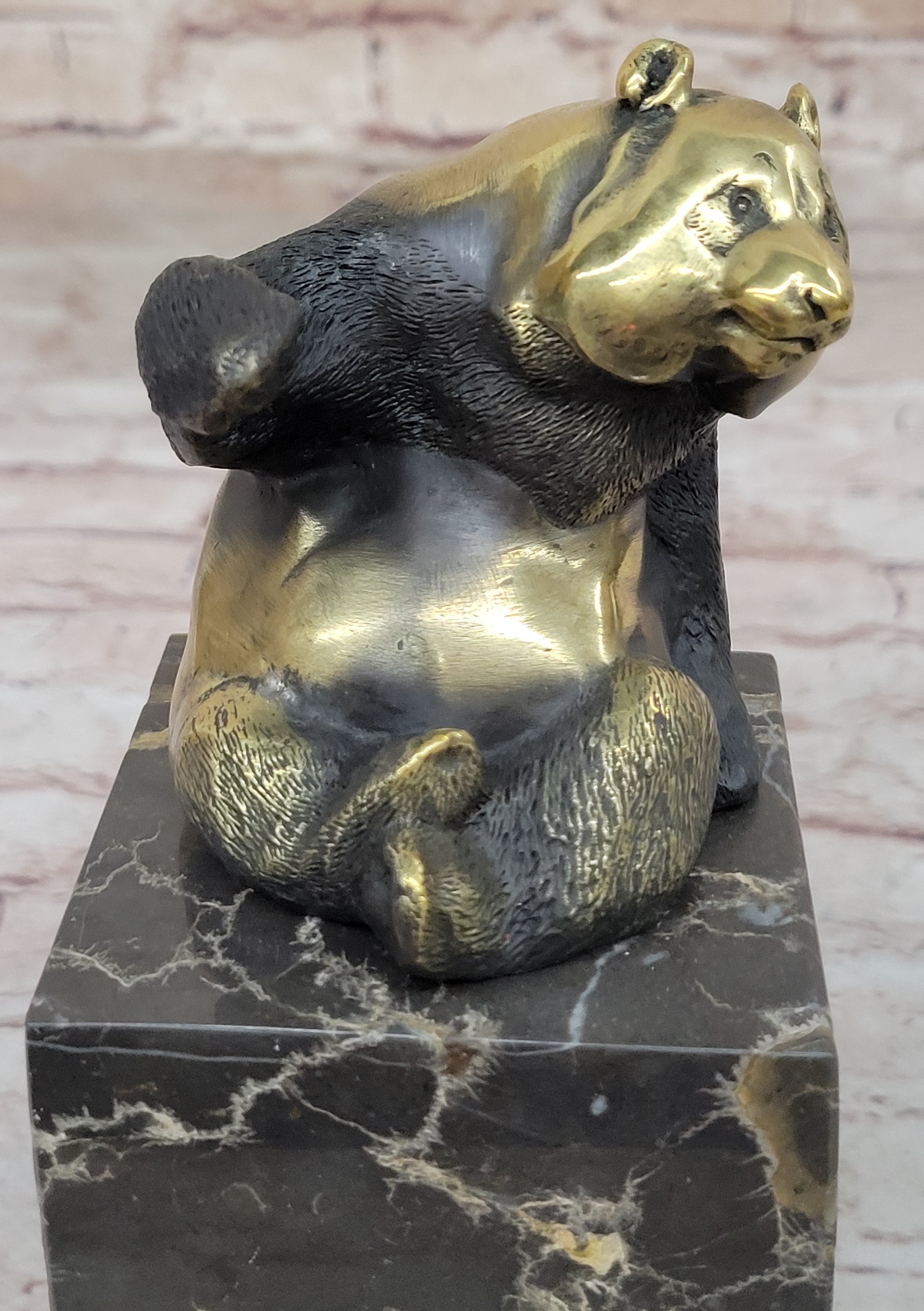 Real Bronze Panda Bear Sculpture on Marble Base by Milo