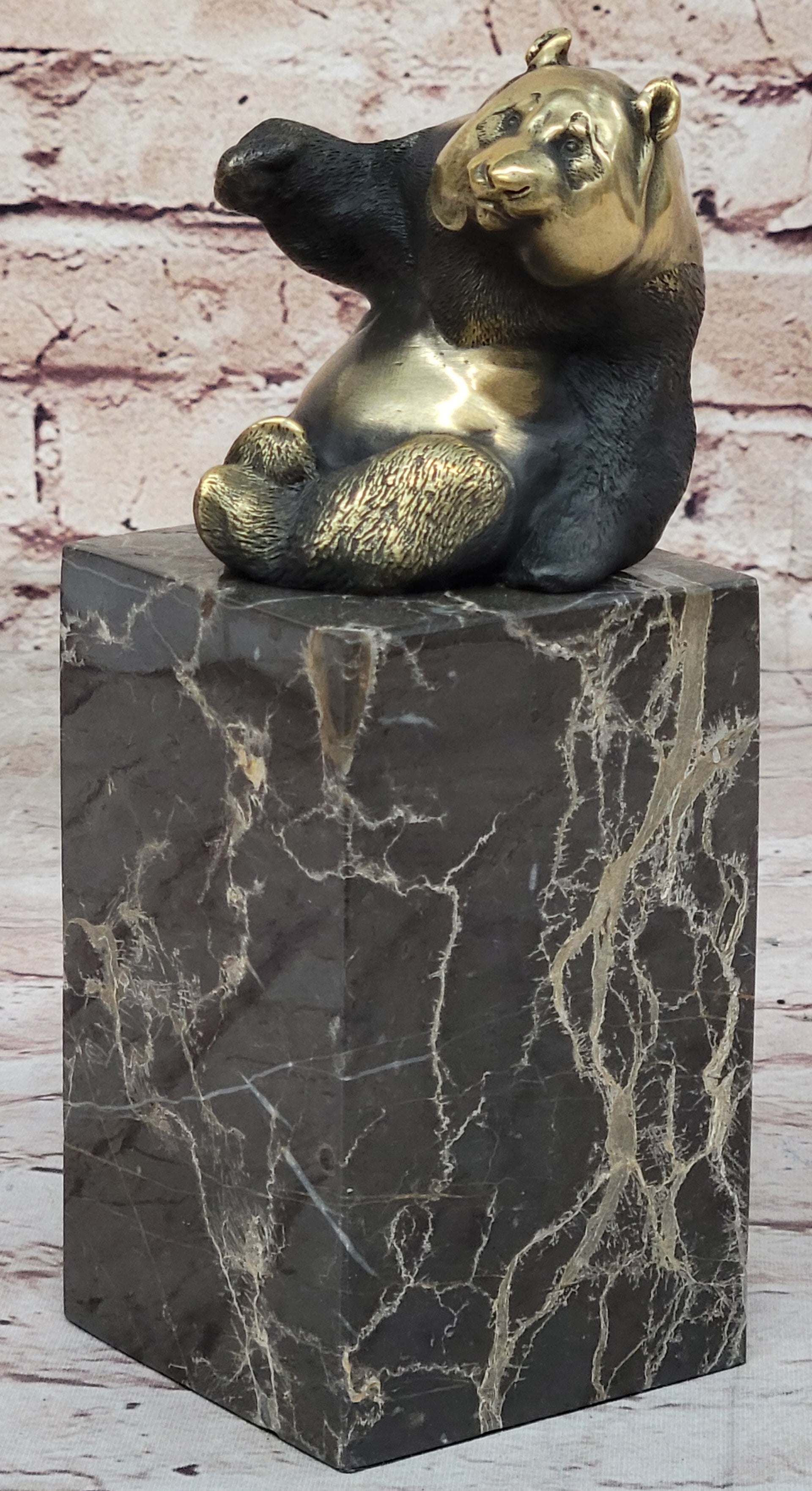 Real Bronze Panda Bear Sculpture on Marble Base by Milo