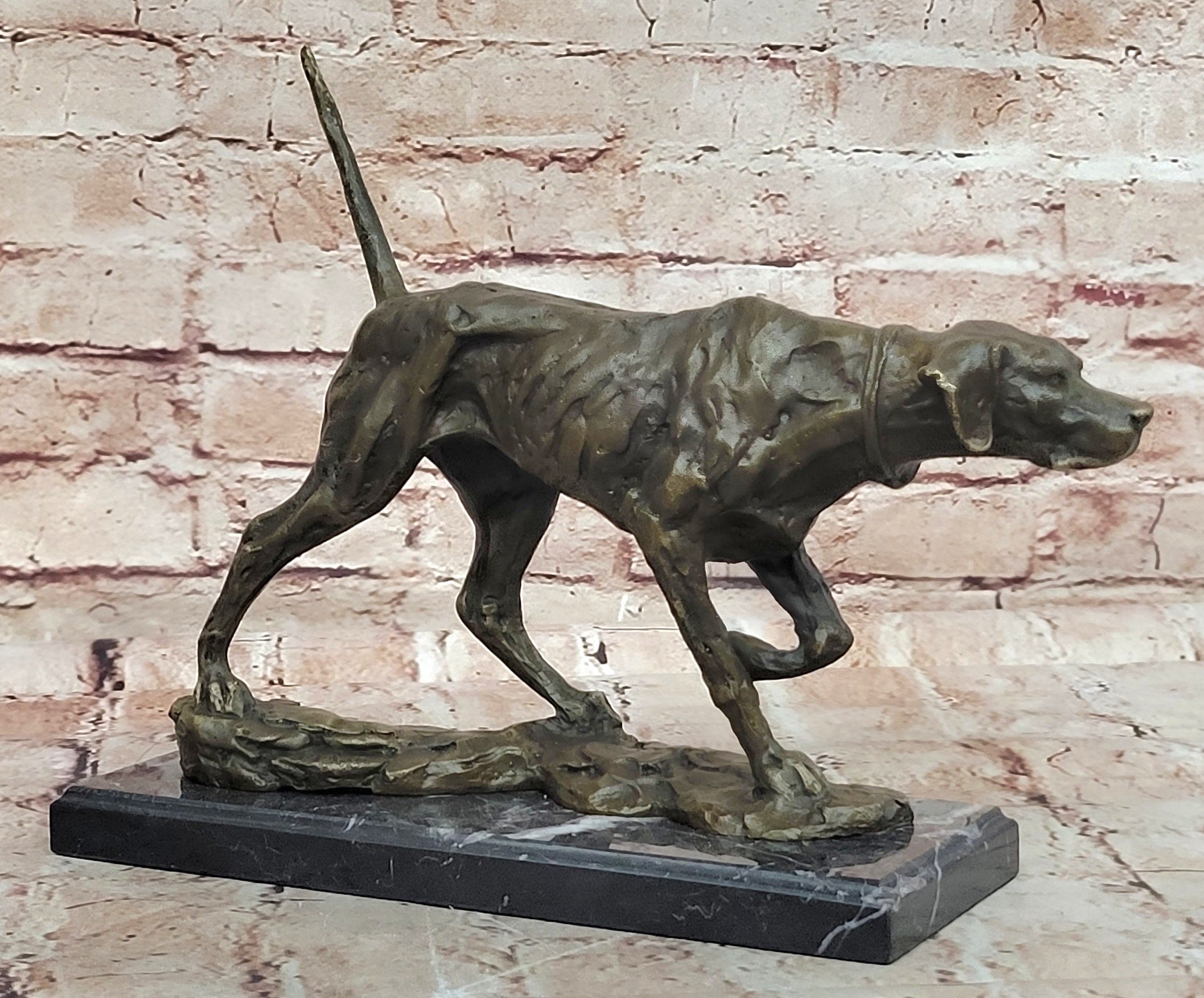 Dog Following Scent Bronze Sculpture on Marble Base Signed Milo