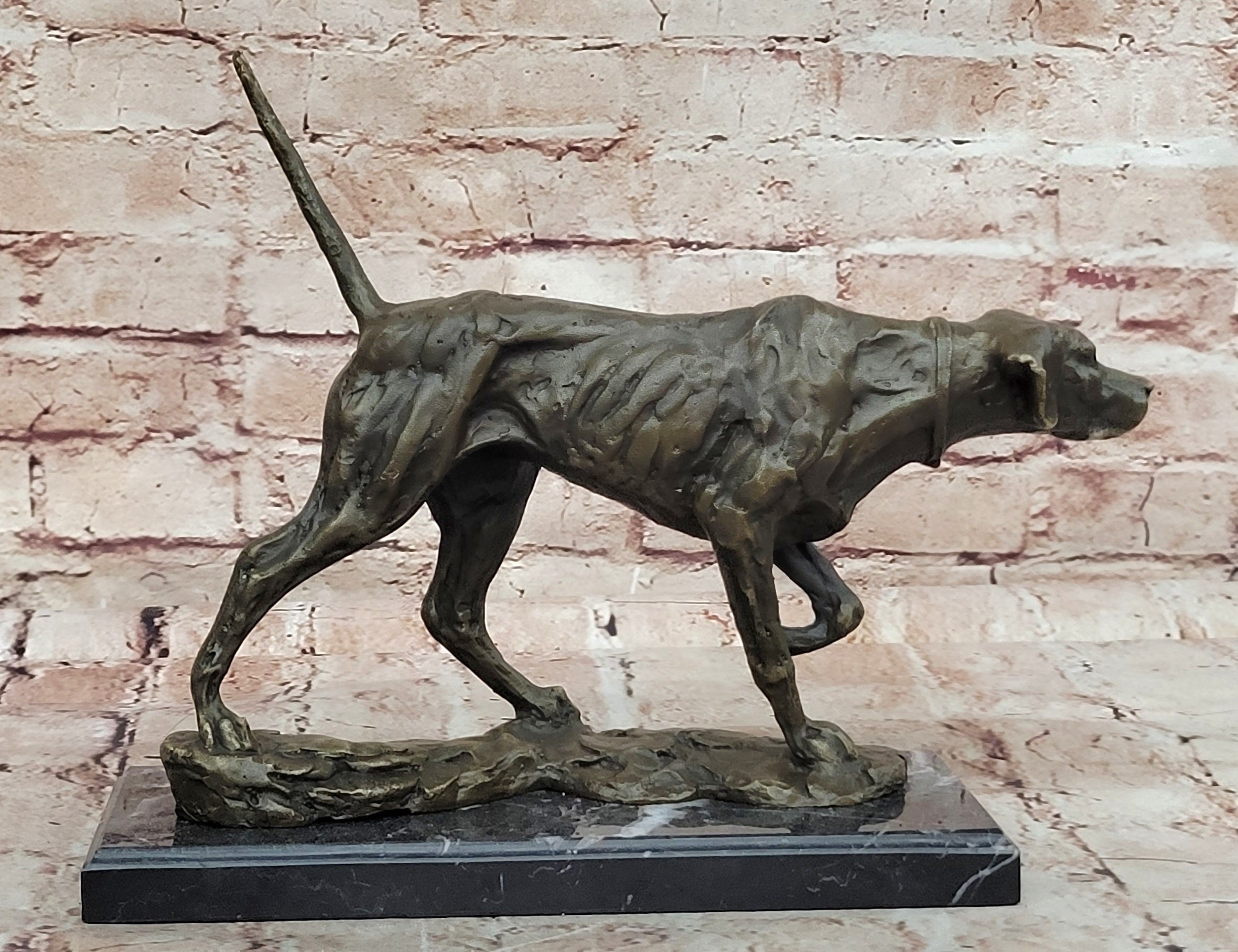 Dog Following Scent Bronze Sculpture on Marble Base Signed Milo
