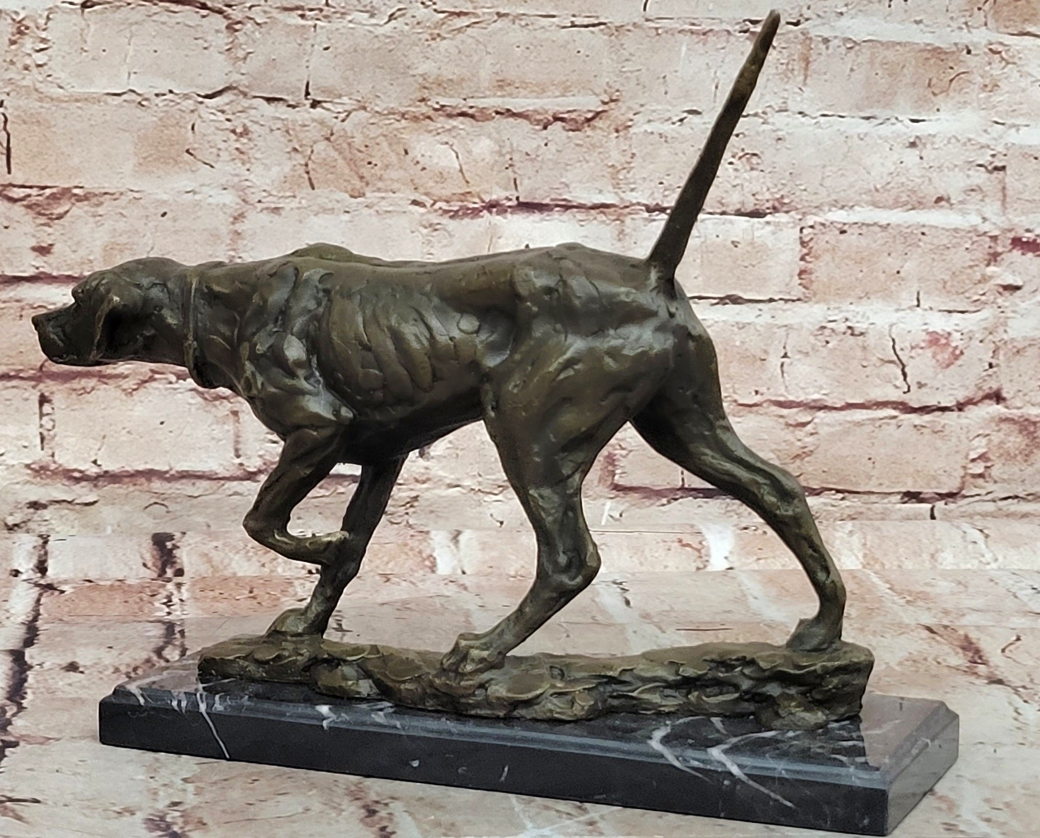 Dog Following Scent Bronze Sculpture on Marble Base Signed Milo