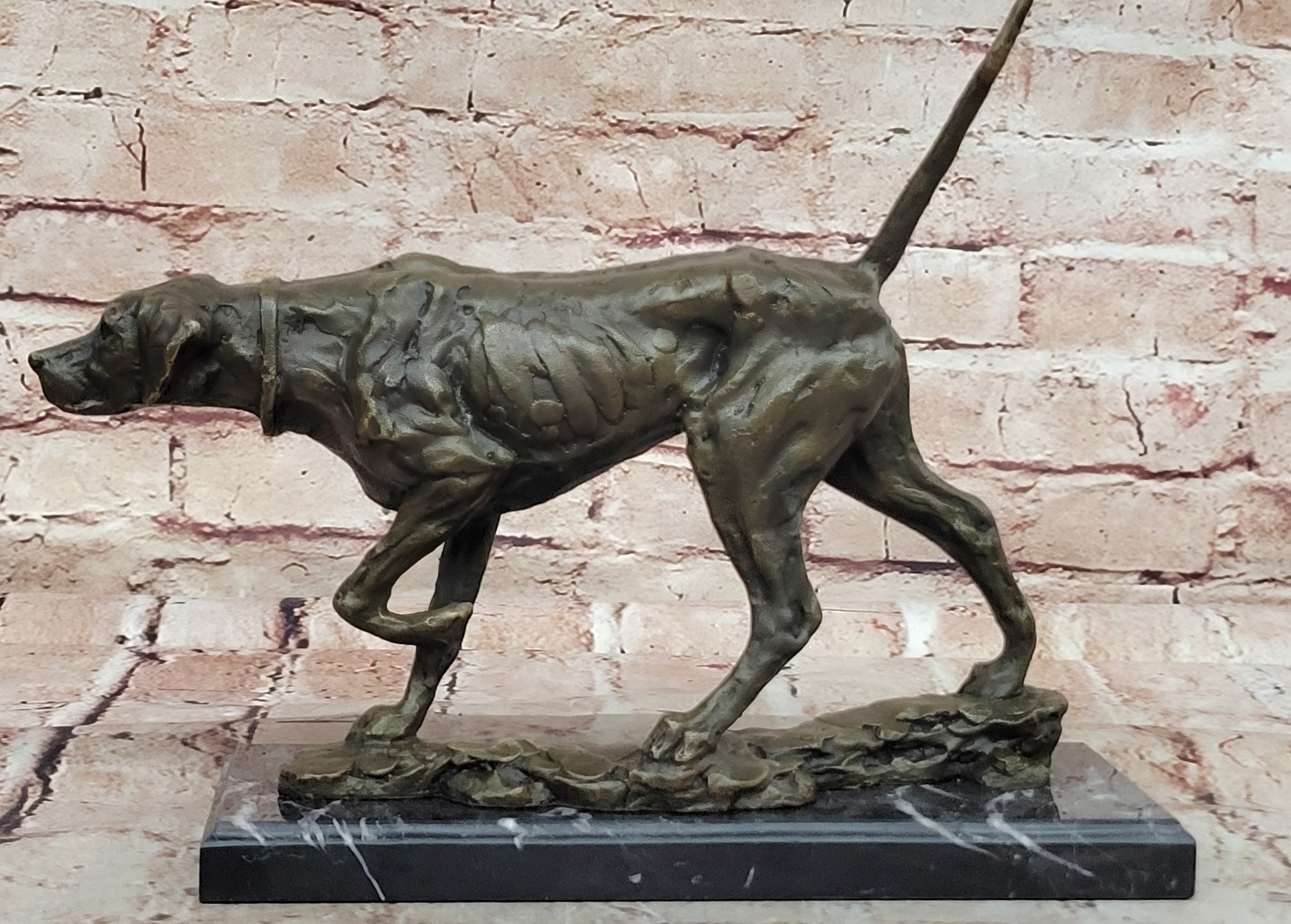 Dog Following Scent Bronze Sculpture on Marble Base Signed Milo