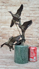 Three Ducks Geese Water Birds in Flight Bronze Sculpture