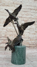 Three Ducks Geese Water Birds in Flight Bronze Sculpture