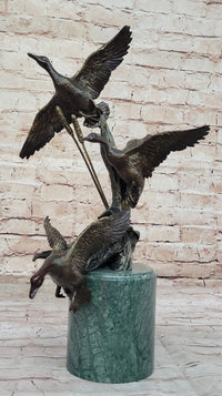 Three Ducks Geese Water Birds in Flight Bronze Sculpture