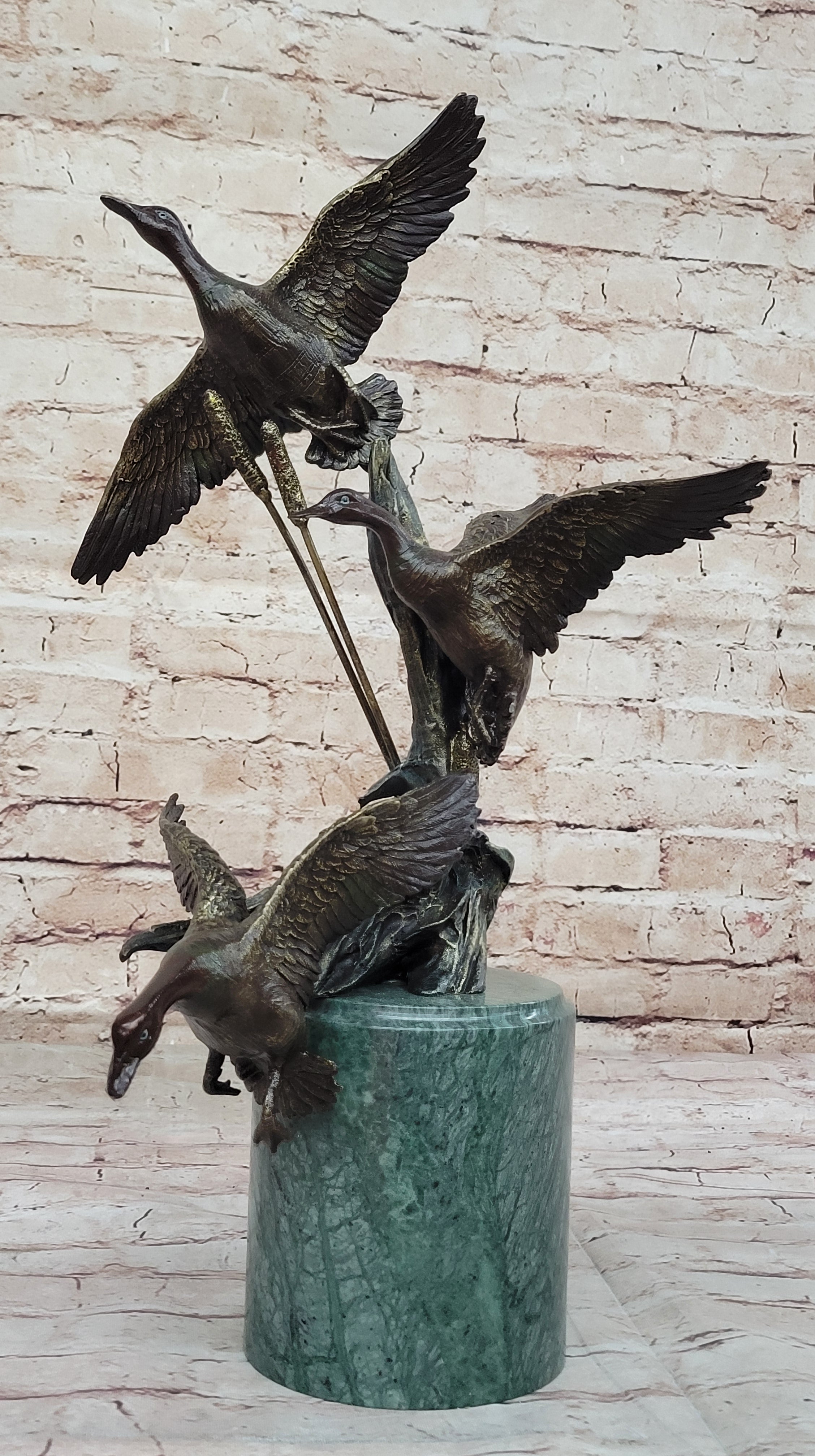 Three Ducks Geese Water Birds in Flight Bronze Sculpture