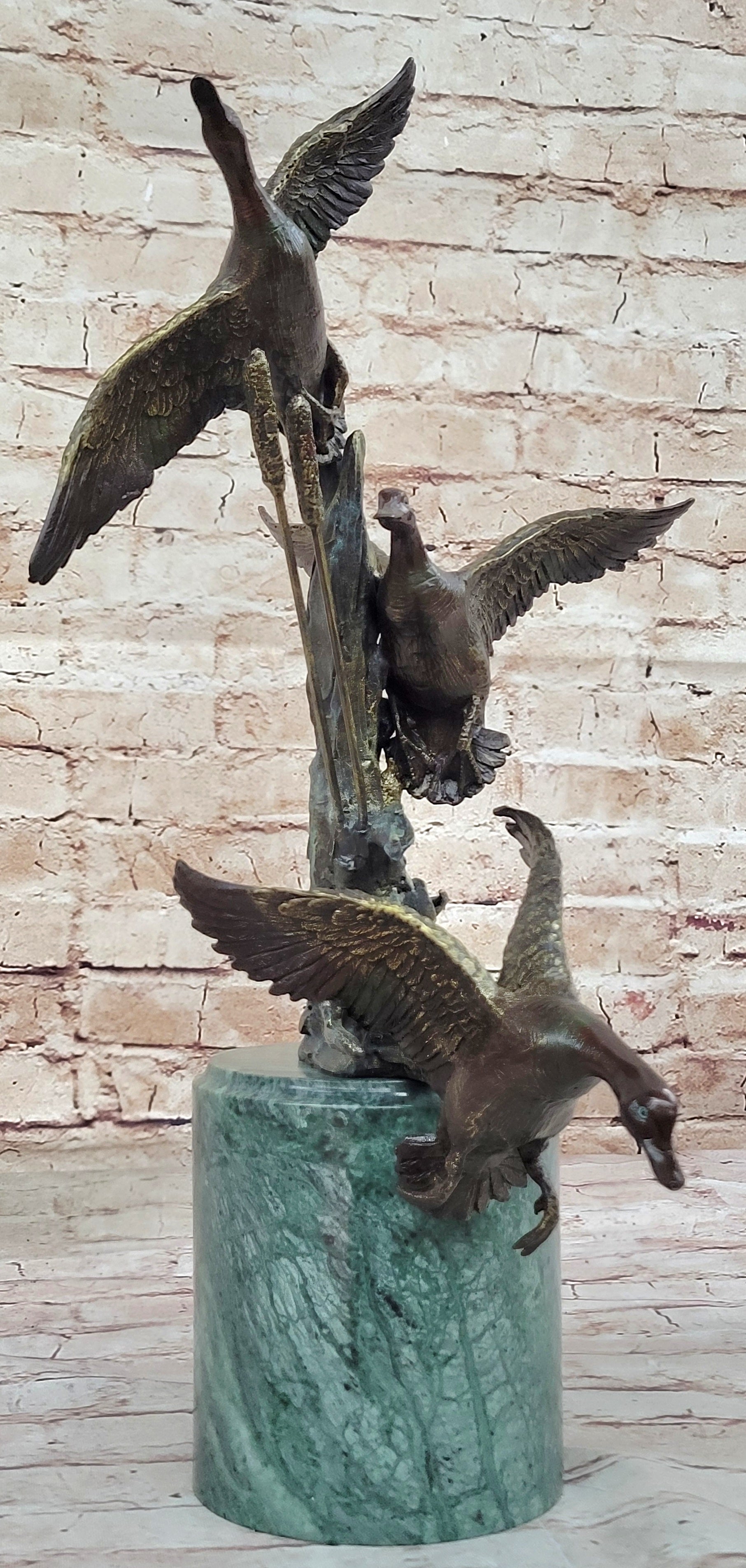 Three Ducks Geese Water Birds in Flight Bronze Sculpture