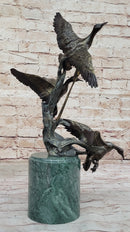 Three Ducks Geese Water Birds in Flight Bronze Sculpture