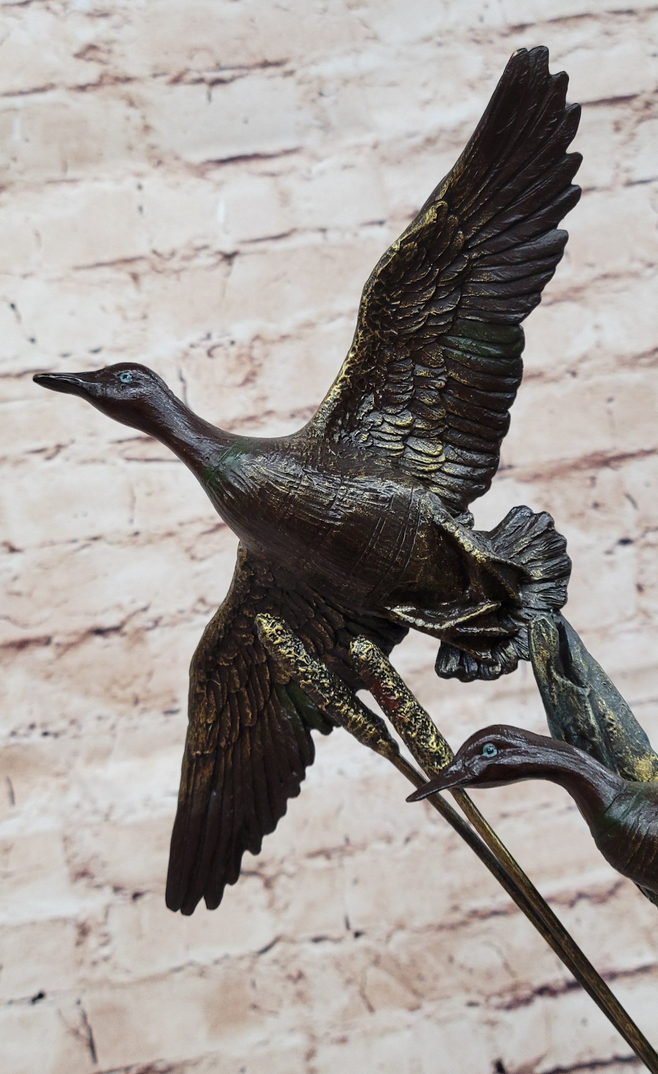 Three Ducks Geese Water Birds in Flight Bronze Sculpture