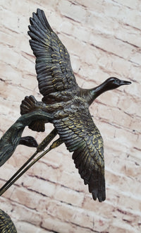 Three Ducks Geese Water Birds in Flight Bronze Sculpture