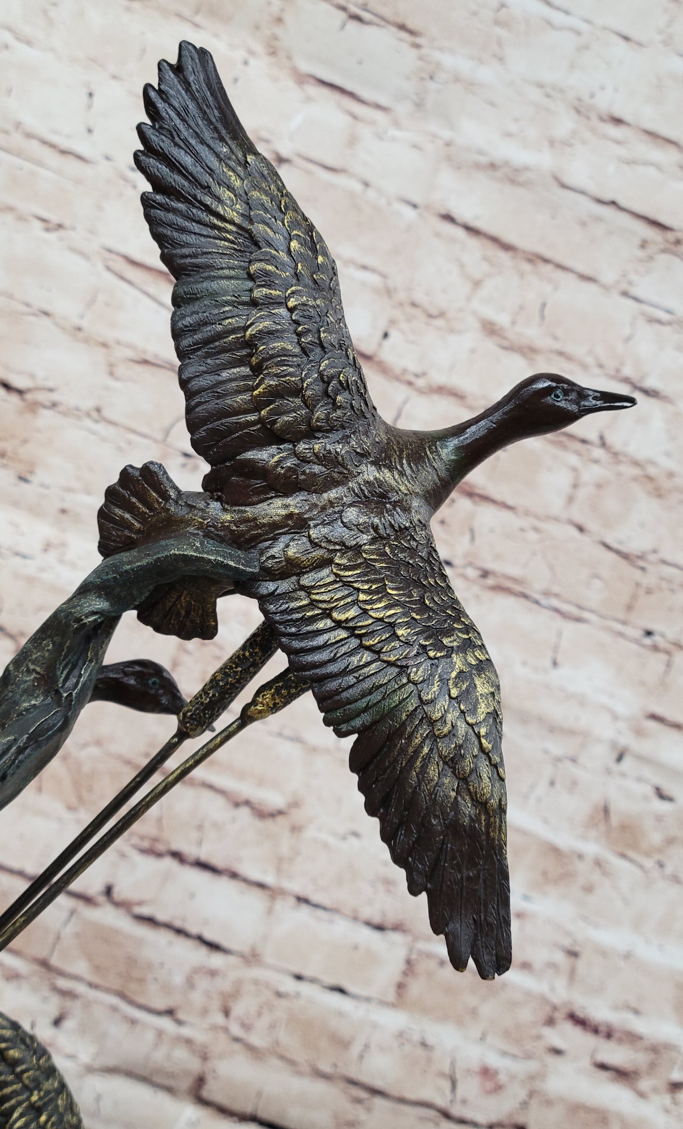 Three Ducks Geese Water Birds in Flight Bronze Sculpture