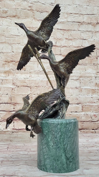 Three Ducks Geese Water Birds in Flight Bronze Sculpture