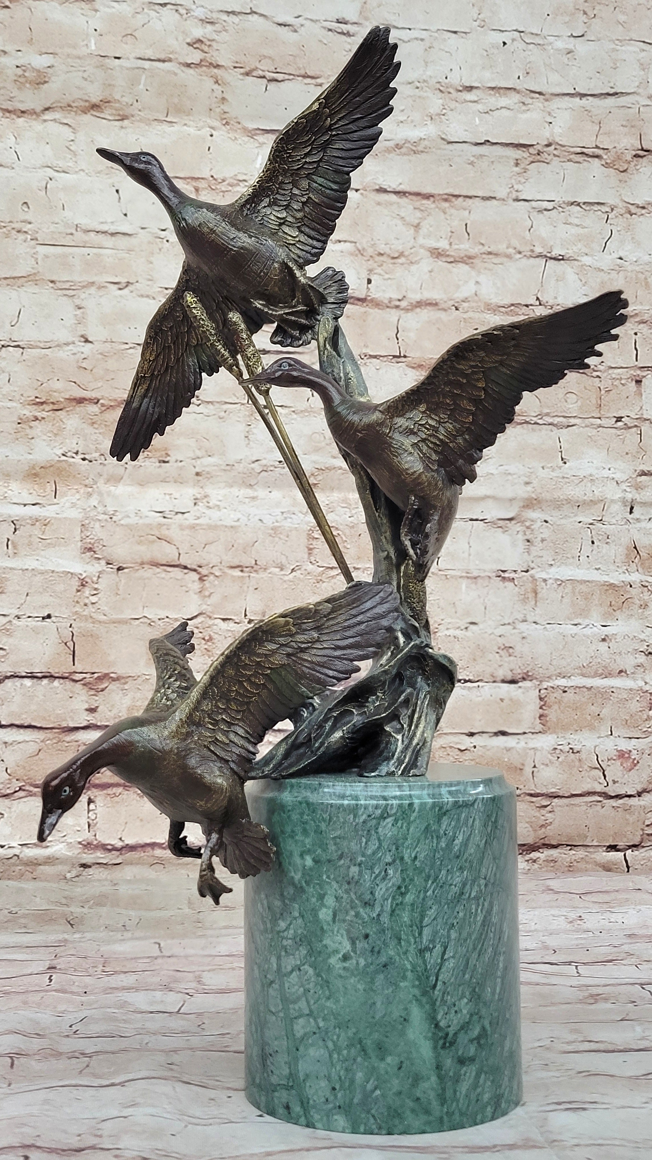 Three Ducks Geese Water Birds in Flight Bronze Sculpture