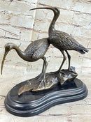 Signed Two Wildlife Cranes Pond Garden Bronze Sculpture