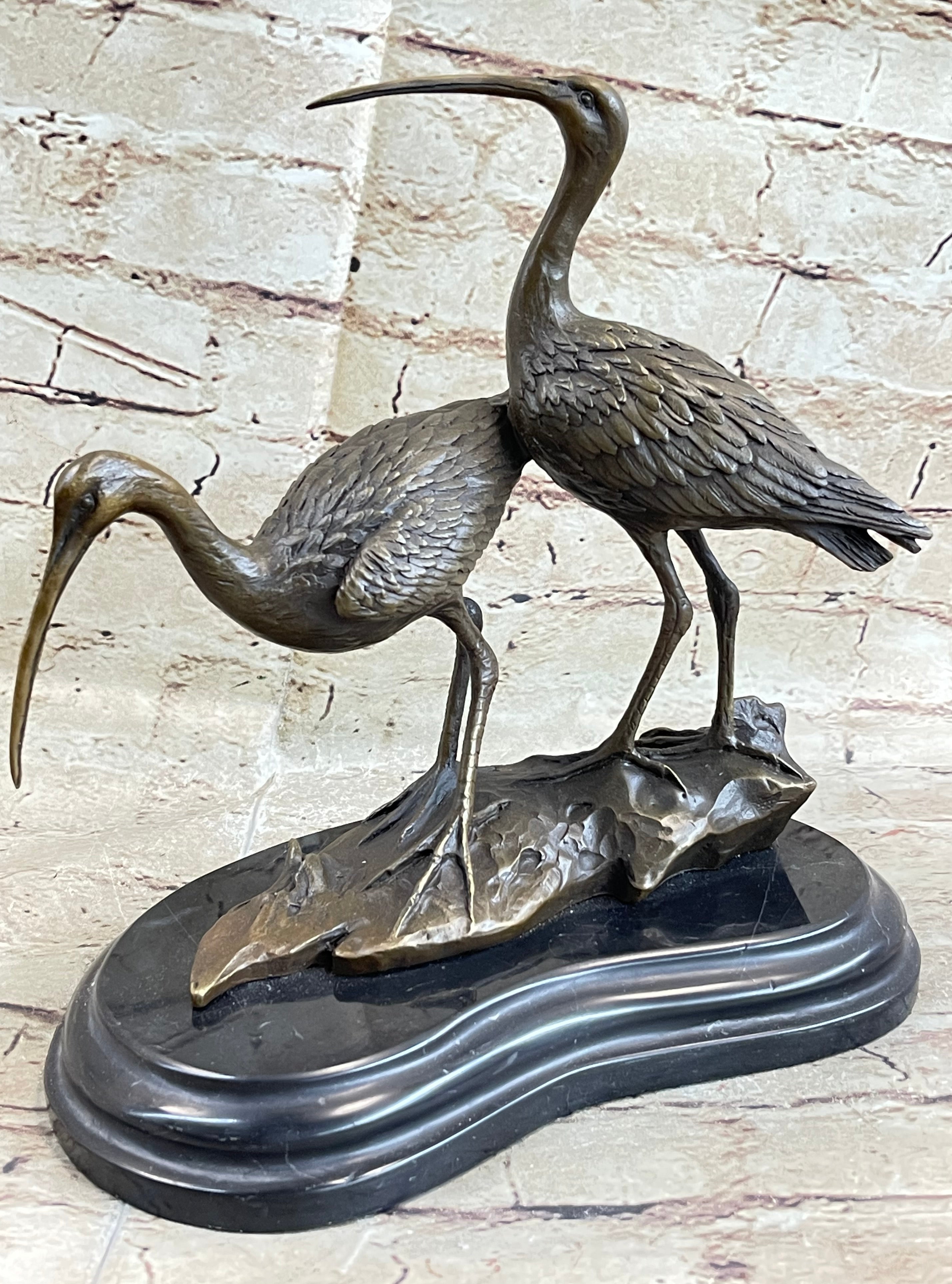 Signed Two Wildlife Cranes Pond Garden Bronze Sculpture
