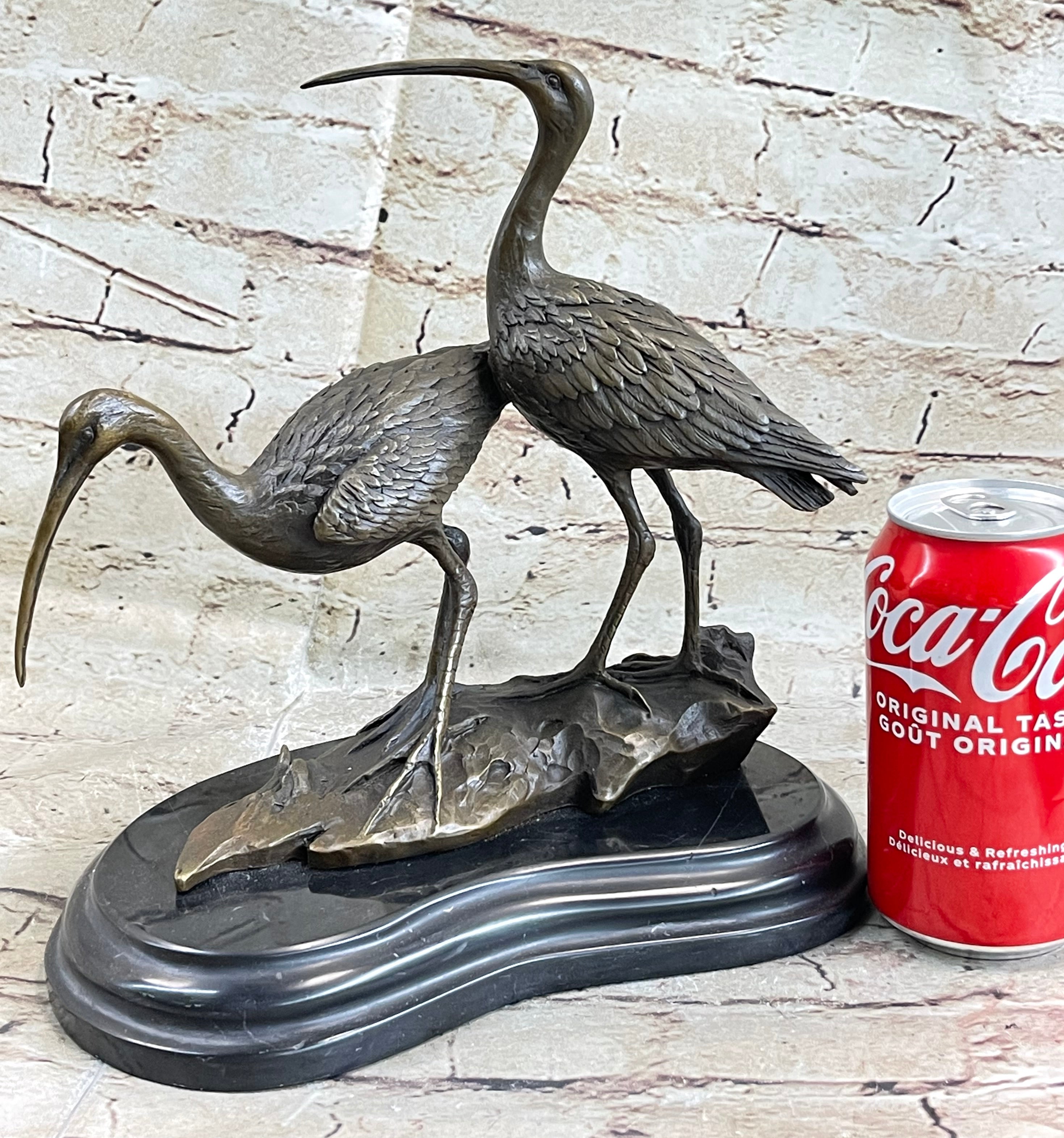 Signed Two Wildlife Cranes Pond Garden Bronze Sculpture