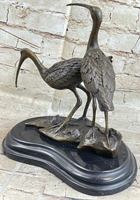 Signed Two Wildlife Cranes Pond Garden Bronze Sculpture