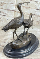 Signed Two Wildlife Cranes Pond Garden Bronze Sculpture