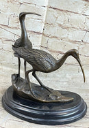 Signed Two Wildlife Cranes Pond Garden Bronze Sculpture