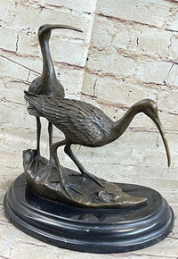 Signed Two Wildlife Cranes Pond Garden Bronze Sculpture