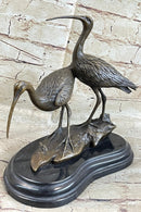 Signed Two Wildlife Cranes Pond Garden Bronze Sculpture