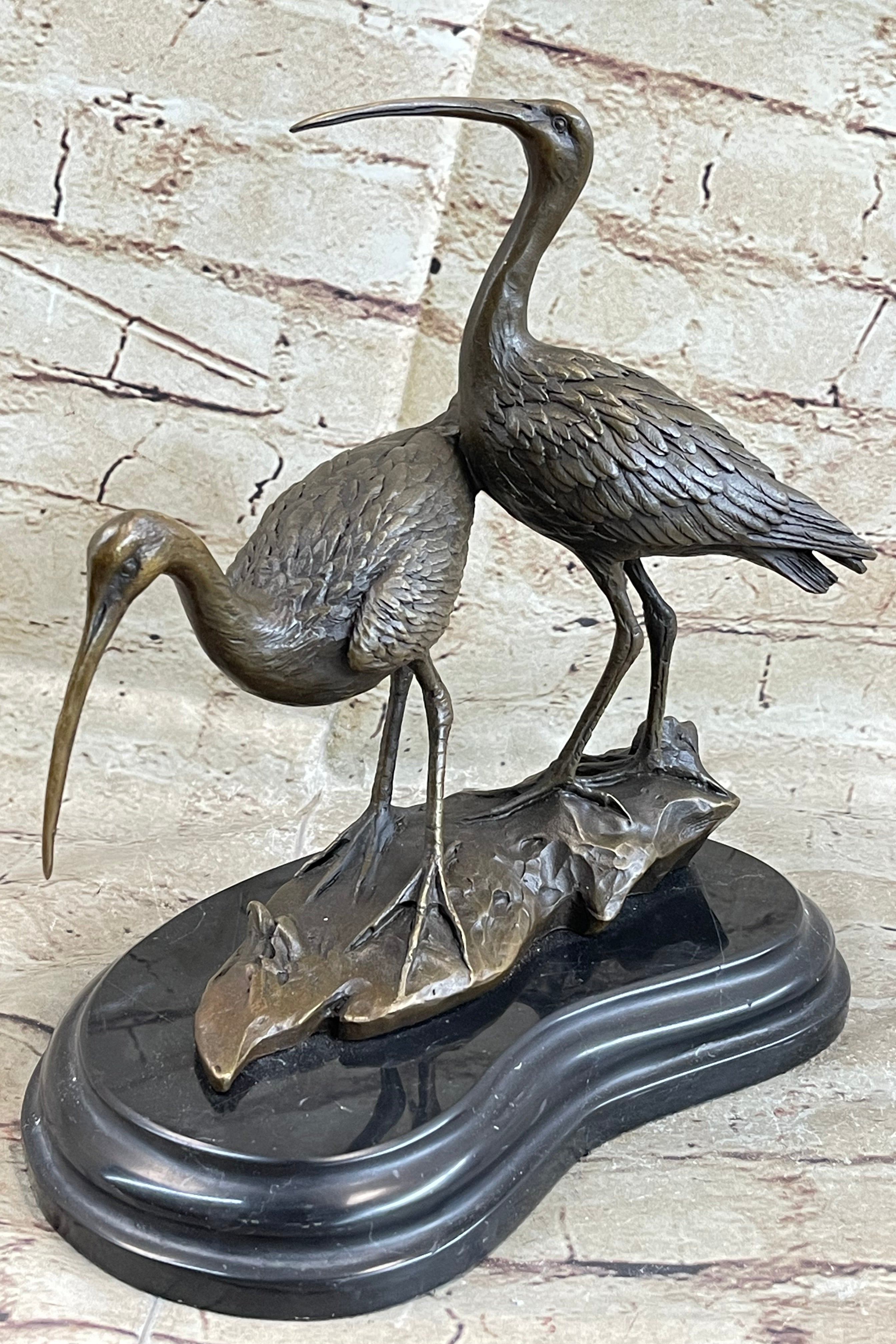 Signed Two Wildlife Cranes Pond Garden Bronze Sculpture