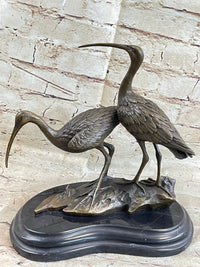 Signed Two Wildlife Cranes Pond Garden Bronze Sculpture