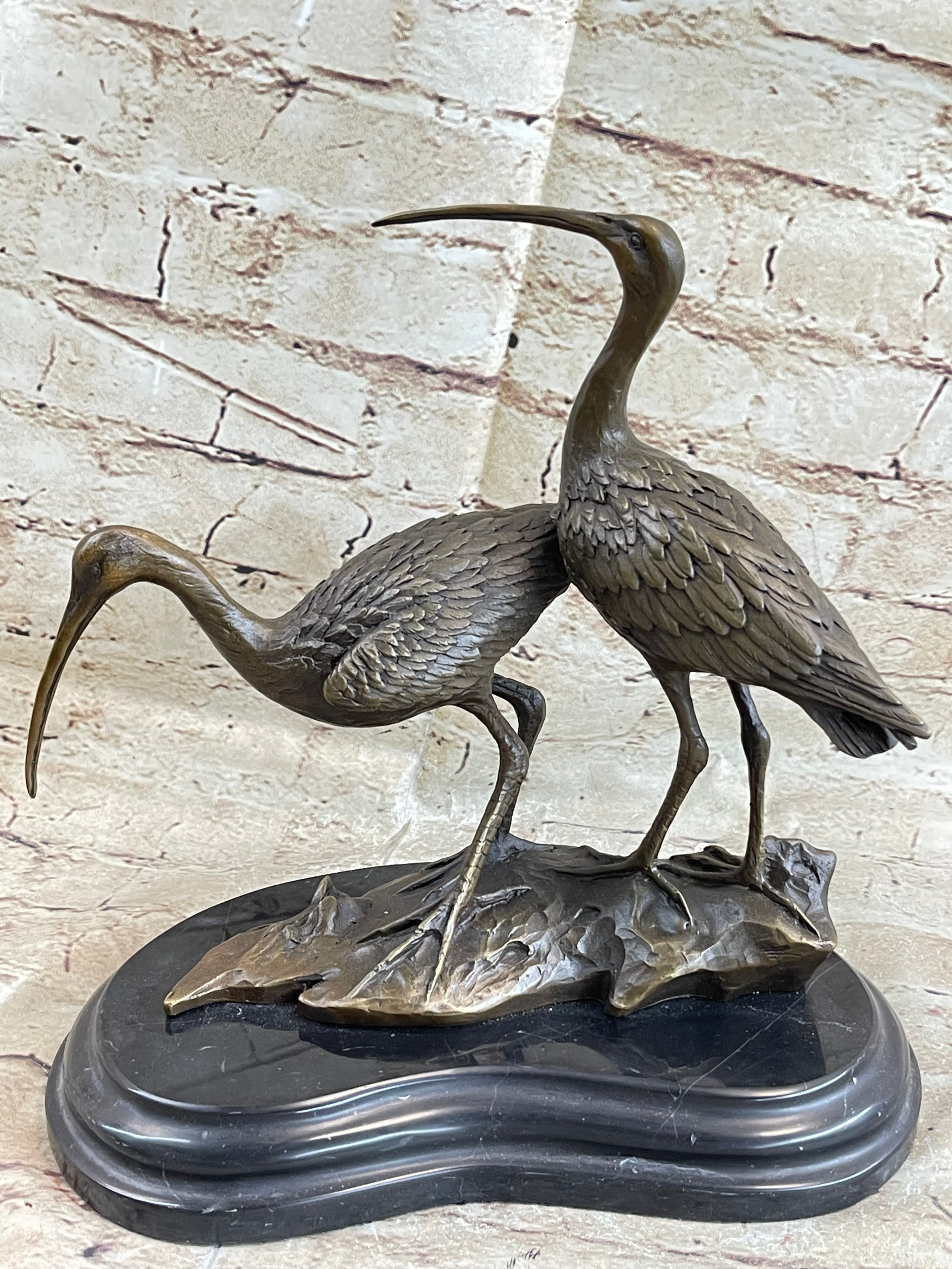 Signed Two Wildlife Cranes Pond Garden Bronze Sculpture