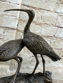 Signed Two Wildlife Cranes Pond Garden Bronze Sculpture