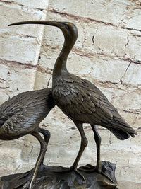 Signed Two Wildlife Cranes Pond Garden Bronze Sculpture