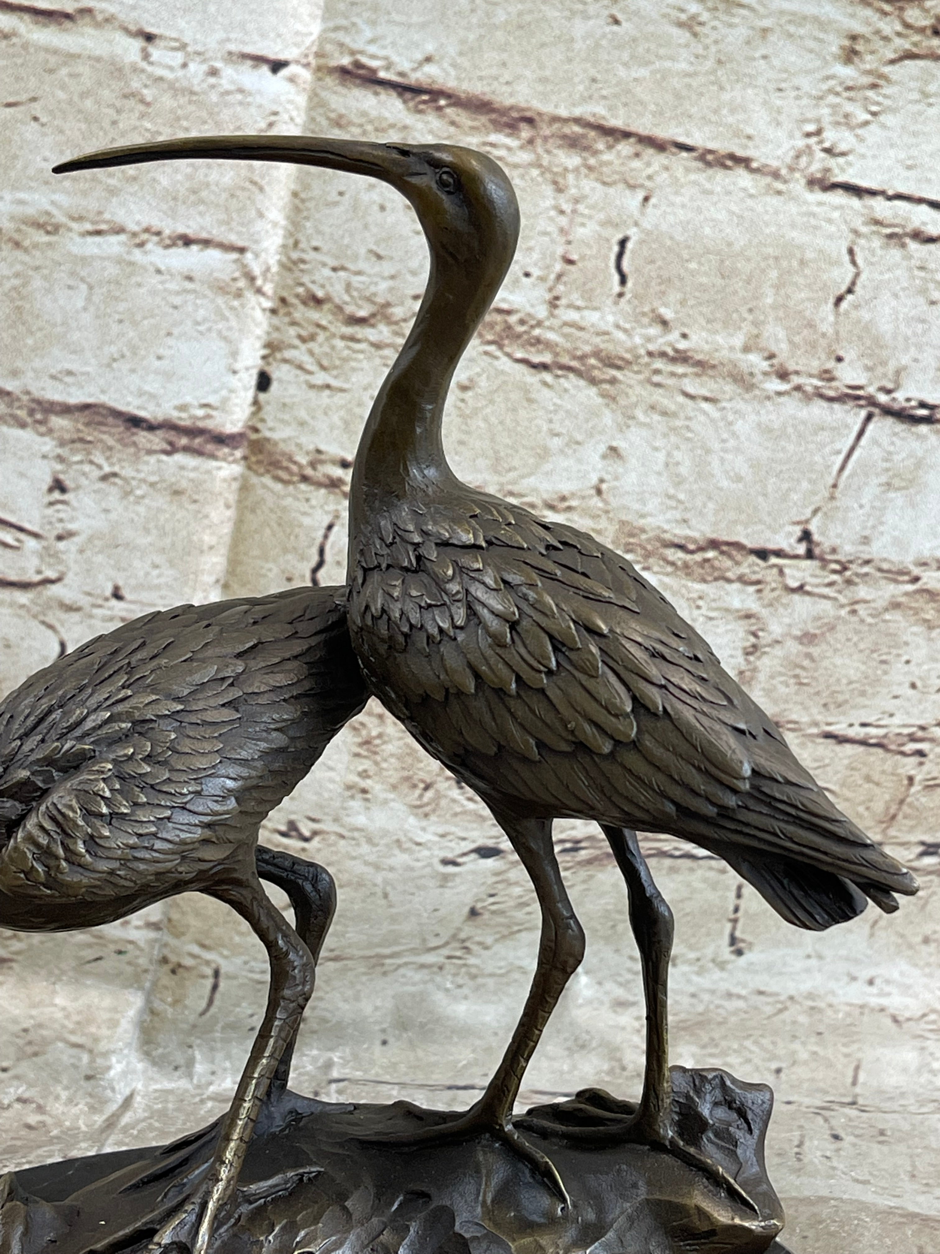 Signed Two Wildlife Cranes Pond Garden Bronze Sculpture