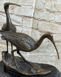Signed Two Wildlife Cranes Pond Garden Bronze Sculpture