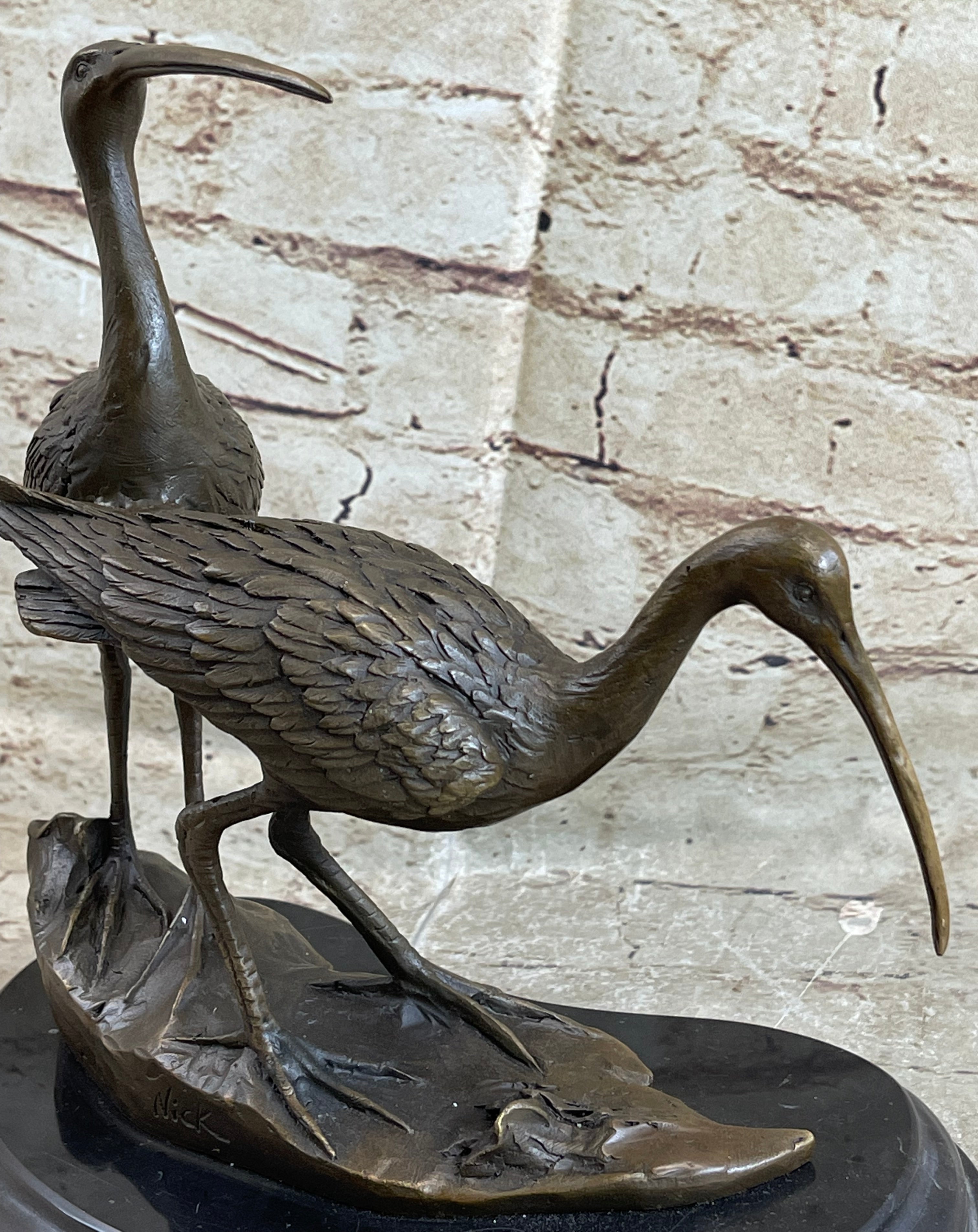 Signed Two Wildlife Cranes Pond Garden Bronze Sculpture