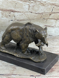 Bronze Grizzly Bear Hunting Fish Sculpture Marble Base