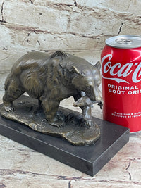 Bronze Grizzly Bear Hunting Fish Sculpture Marble Base